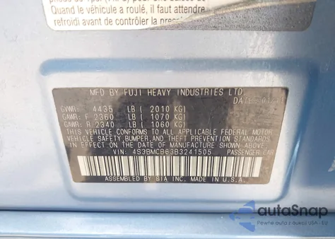 2011 Subaru Legacy 2.5I Premium z USA, uszkodzony, nr VIN 4S3BMCB63B3241505